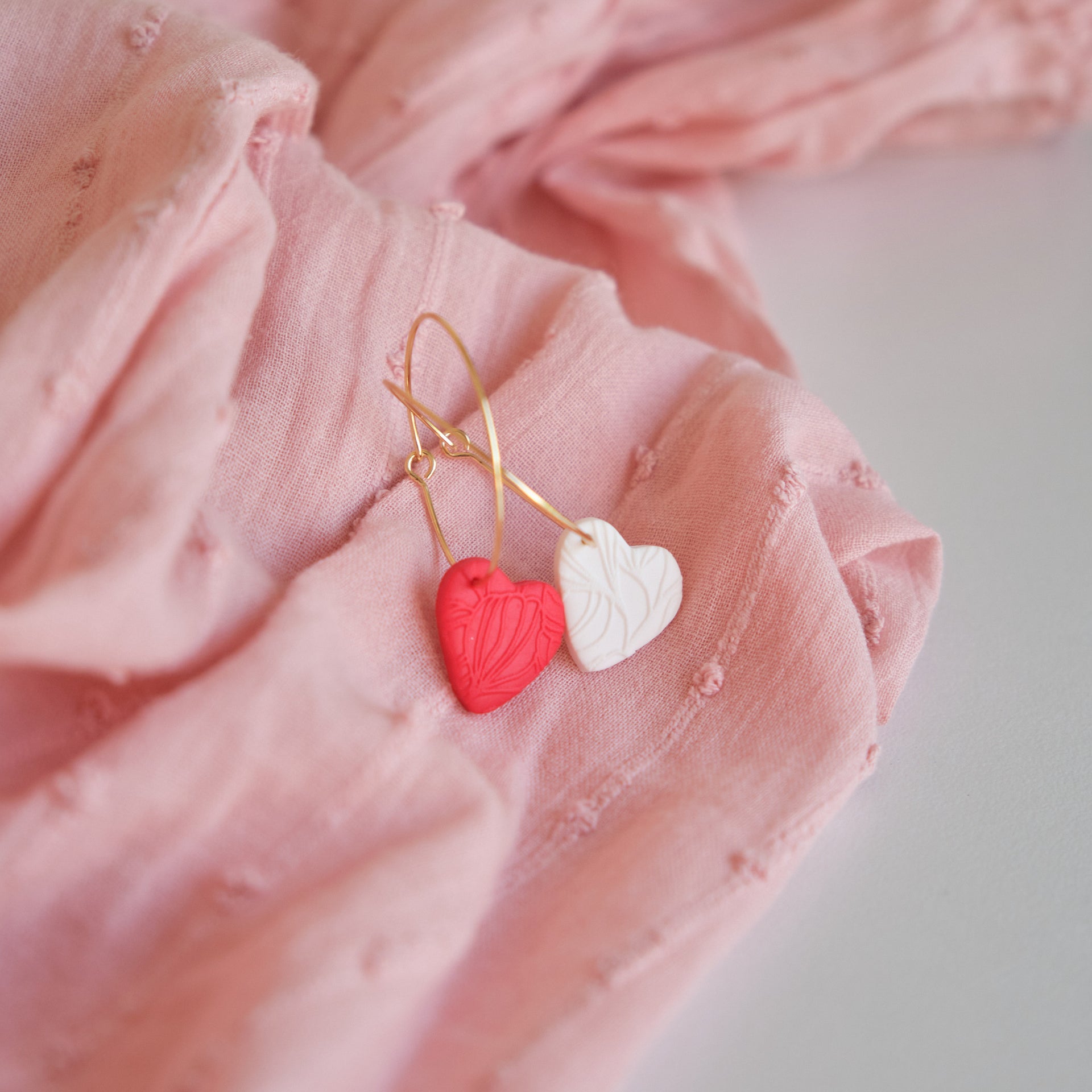 Pink and Orange Heart Hoop Earrings Handmade Polymer Clay 